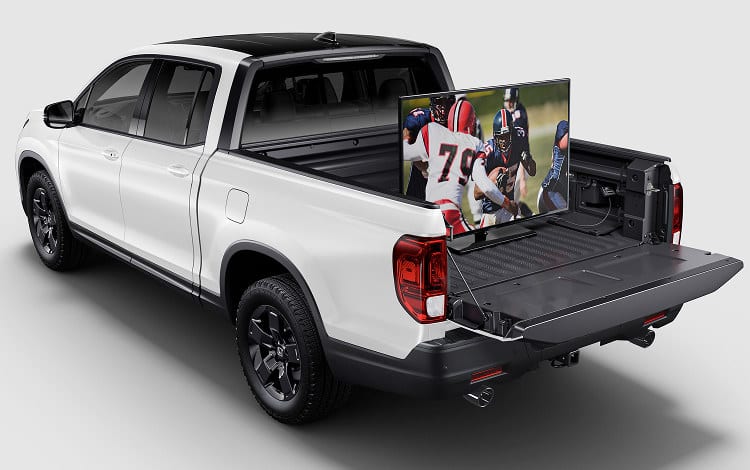 2026 Honda Ridgeline Black Edition in Platinum White Pearl with Two-Tone Roof, showing dual action tailgate.
